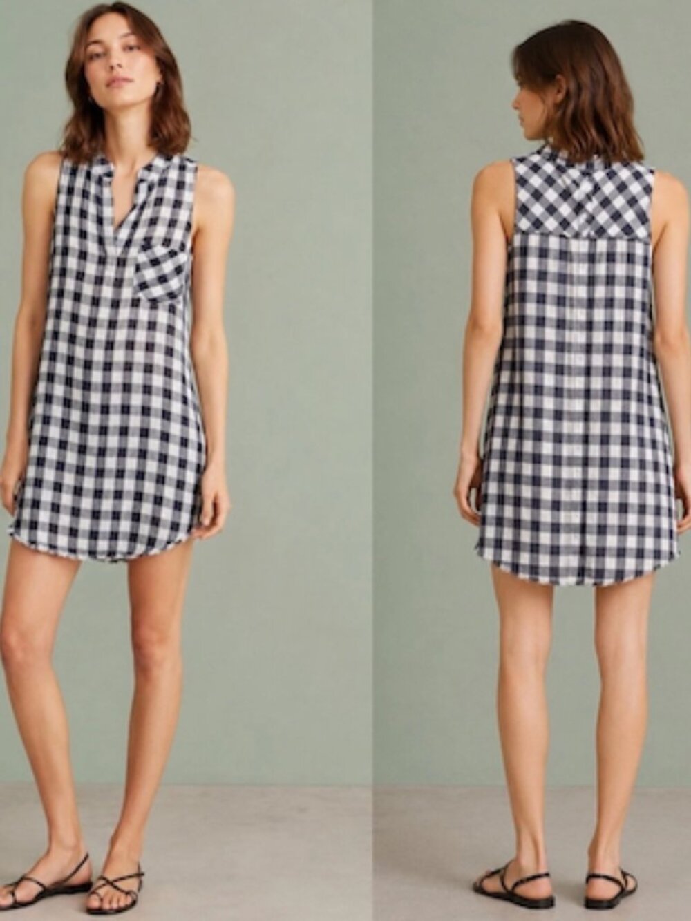 Cloth & Stone Maroney Navy White Checked Sleeveless Shirt Dress - Medium